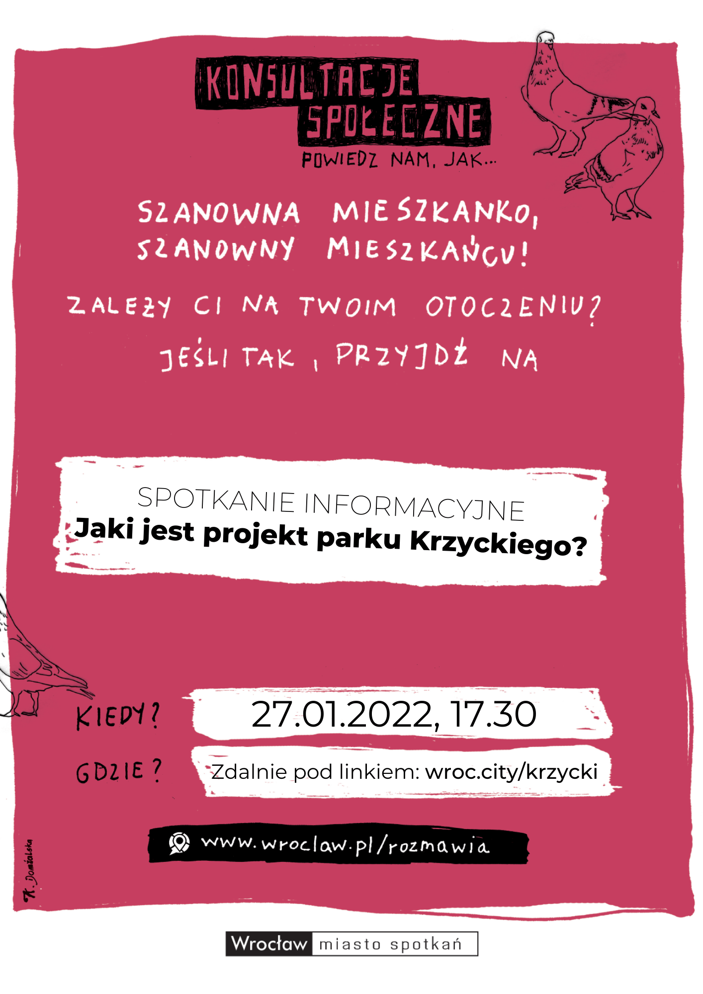 Plakat informujący o spotkaniu konsultacyjnym w sprawie projektu parku Krzyckiego. Na plakacie podano datę, godzinę oraz link do spotkania online.
