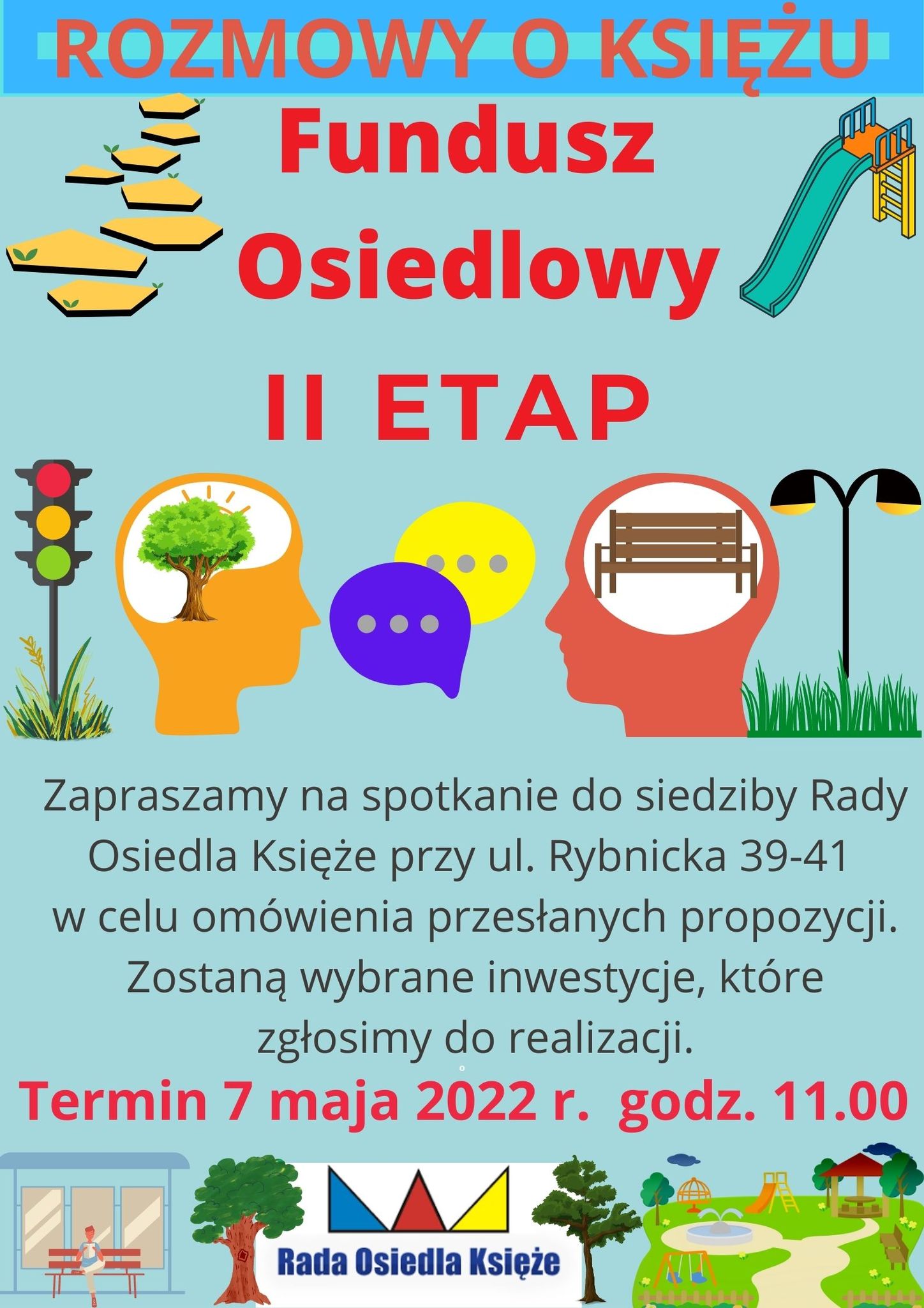 plakat konsultacji w sprawie Funduszu Osiedlowego na lata 2022-2023 na osiedlu Księże, etap drugi