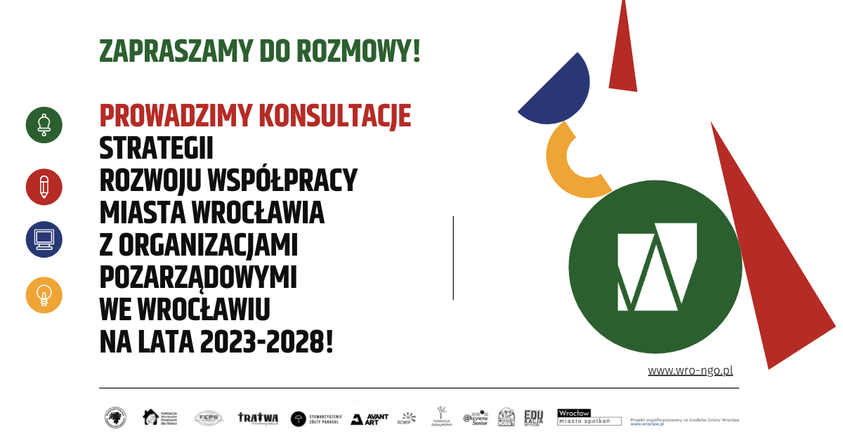 plakat informujący o spotkaniu w sprawie Strategii Rozwoju Współpracy Miasta Wrocławia z NGO na lata 2023-2028
