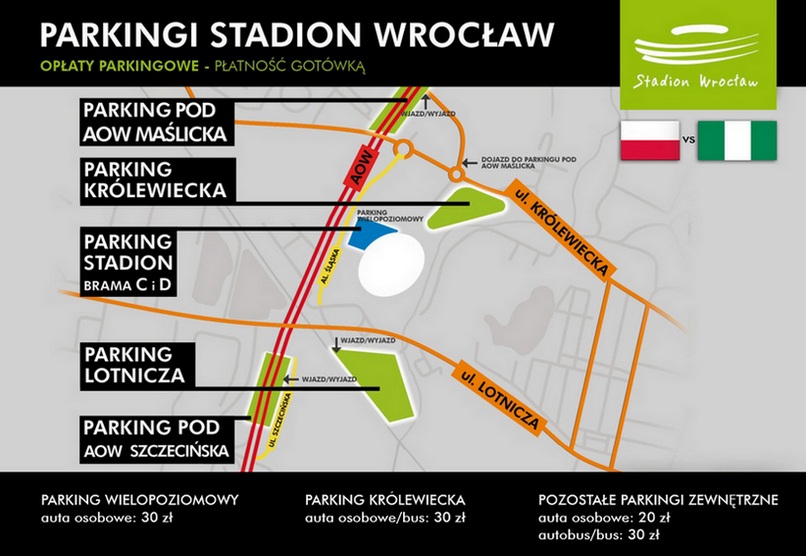 Ceny i lokalizacje parkingów przy Stadionie Wrocław podczas meczu Polska - Nigeria