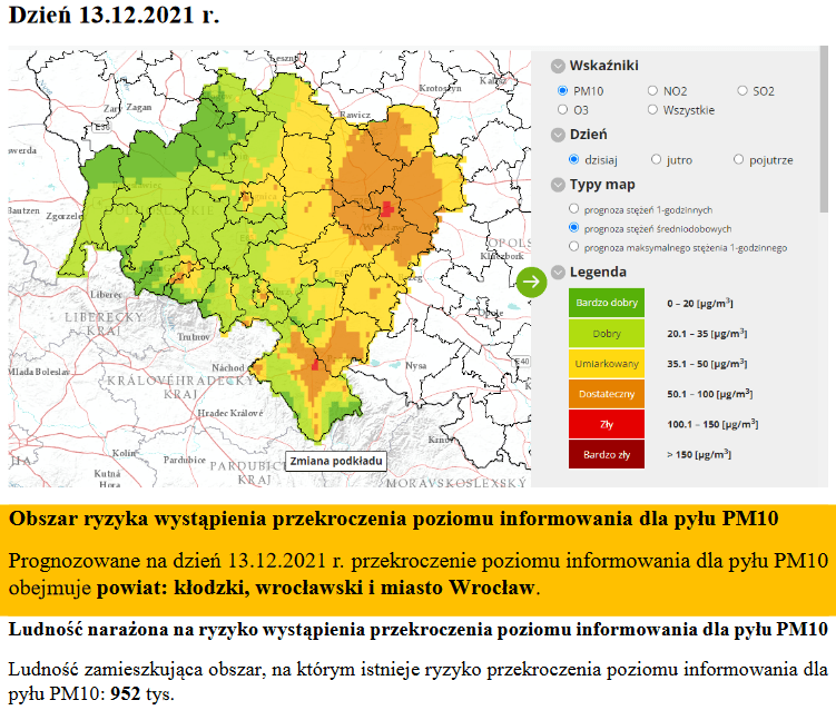 Mapa ryzyka przekroczenia poziomu dl apyłu PM10
